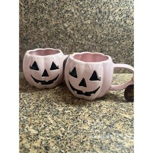 Global Design Connections Pumpkin Mugs Set‎ 2 Pink Jack-O'-Lantern 19 oz Ceramic